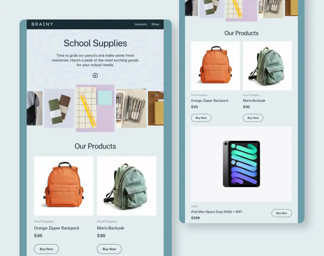 Brainy Mailchimp school supplies template for backpacks, stationery, and student essentials