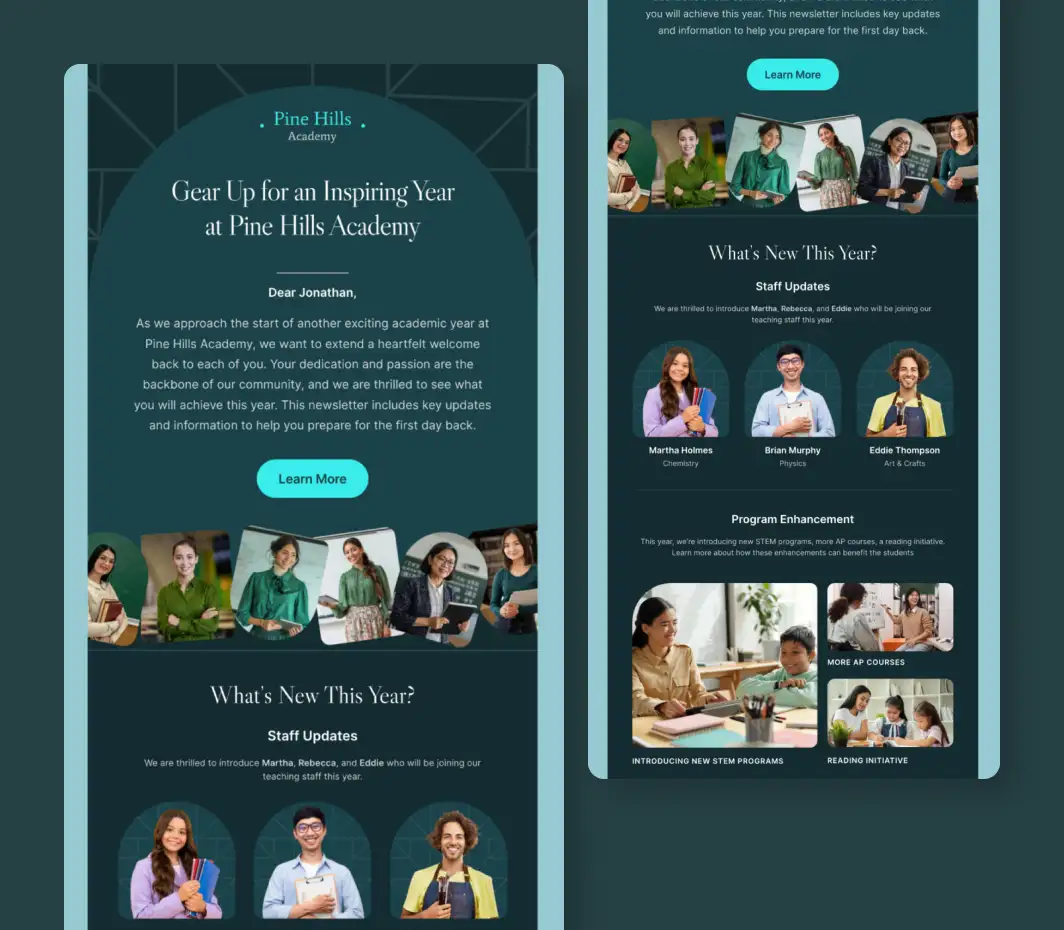 Pine Hills Academy Mailchimp template for school newsletters, staff updates, and program announcements