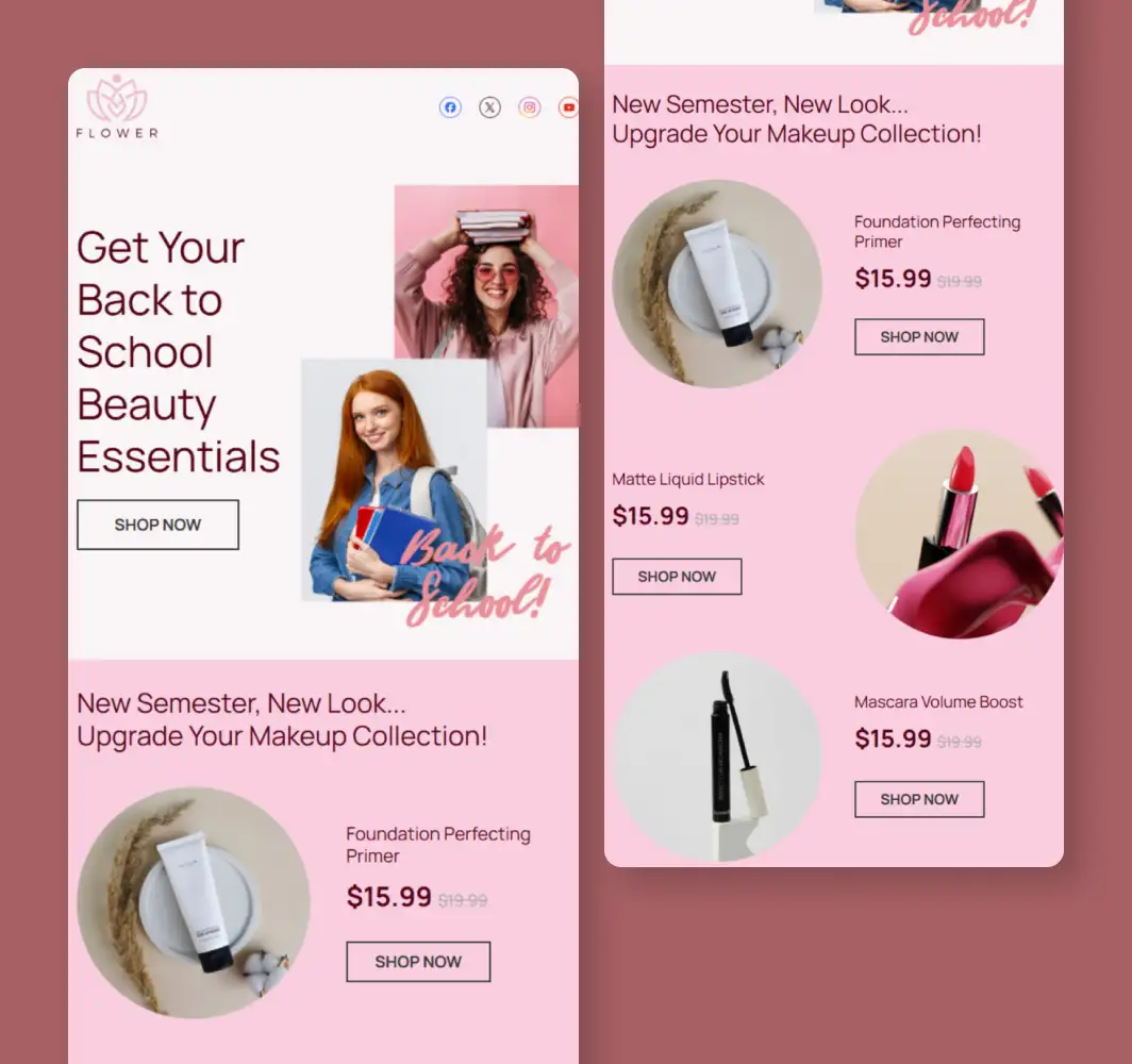 New Semester New Look Mailchimp email template for back-to-school beauty promotions