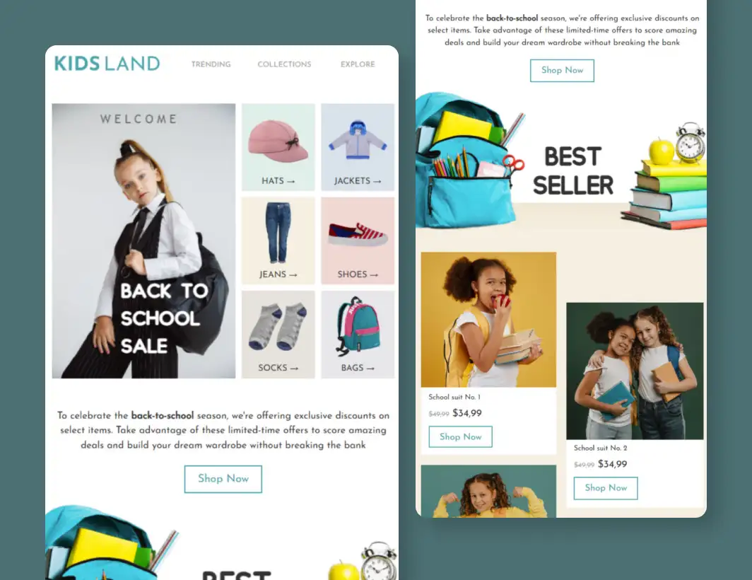 Back to School Season Fashion Mailchimp template for student clothing and kidswear promotions