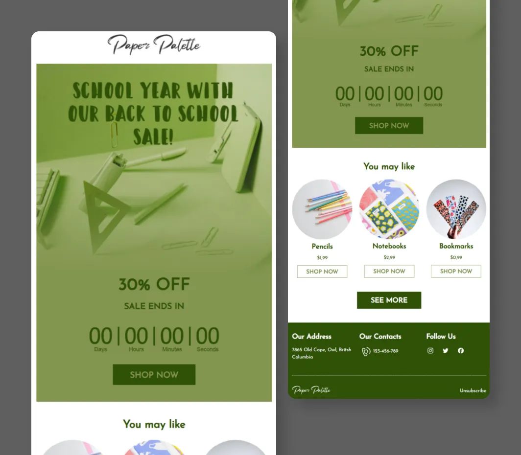 Stationery Items Mailchimp email template for school supply and stationery promotions
