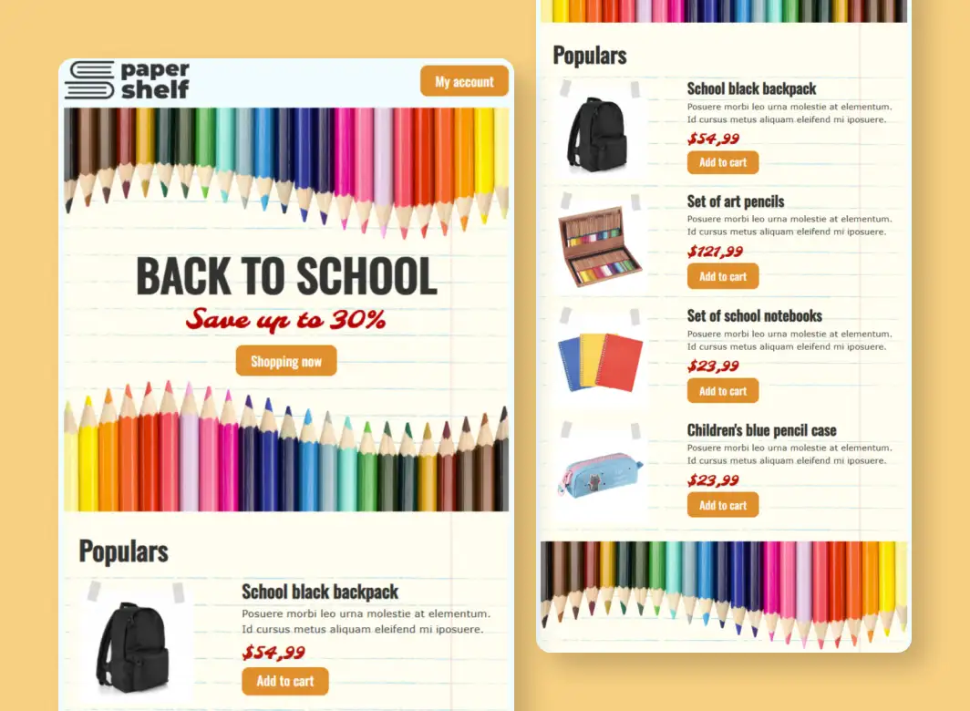 Paper Shelf Mailchimp template for back-to-school stationery and school supply promotions