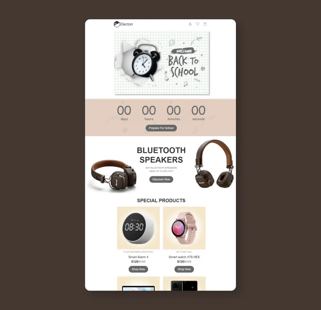 Welcome Back to School Gadgets Mailchimp template for student electronics and back-to-school tech promotions