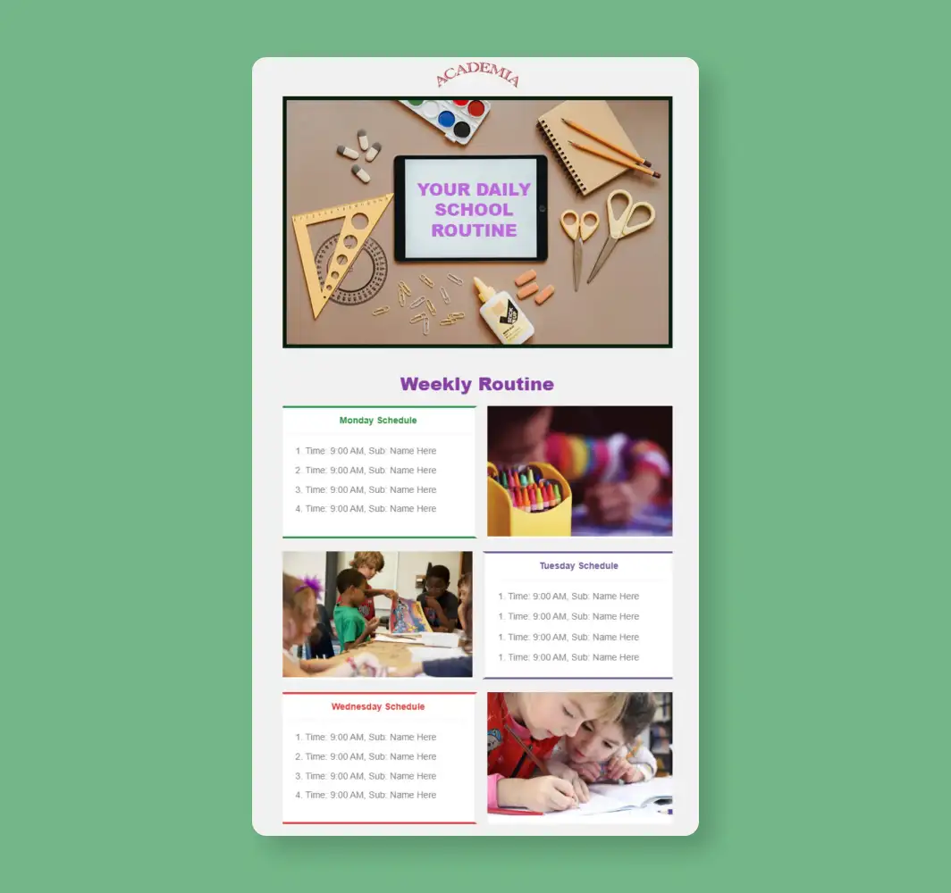 School Routine Mailchimp email template for weekly classroom schedules and parent updates