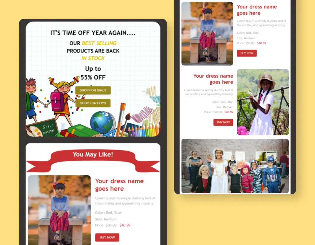 Back to School Dress Offer Mailchimp template for kidswear and seasonal school outfit promotions