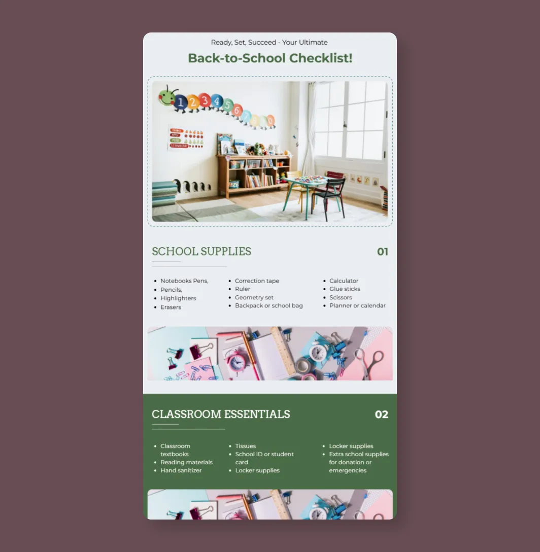 Back to School Checklist Mailchimp template for school supplies and classroom essentials