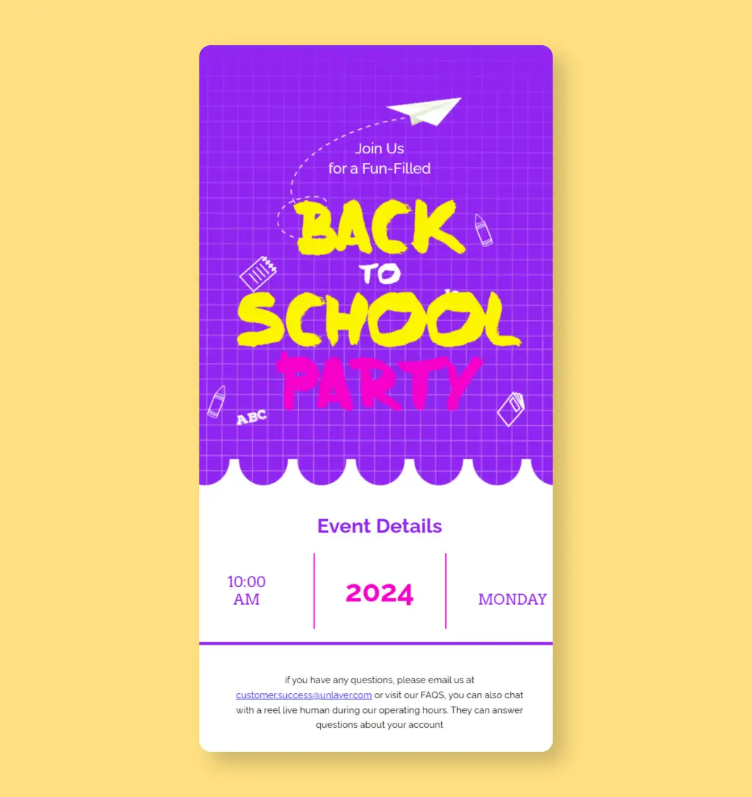 Back to School Party Mailchimp template for school event invitations and student celebrations