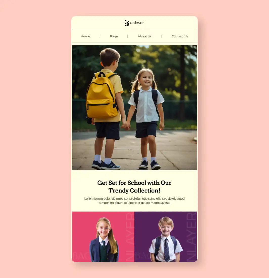 Back to School Outfits Mailchimp template for school uniforms and kidswear promotions