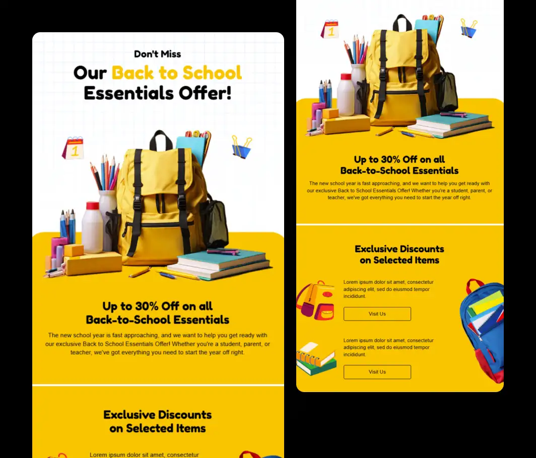Back to School Essentials Mailchimp template for backpack, stationery, and school supply sales
