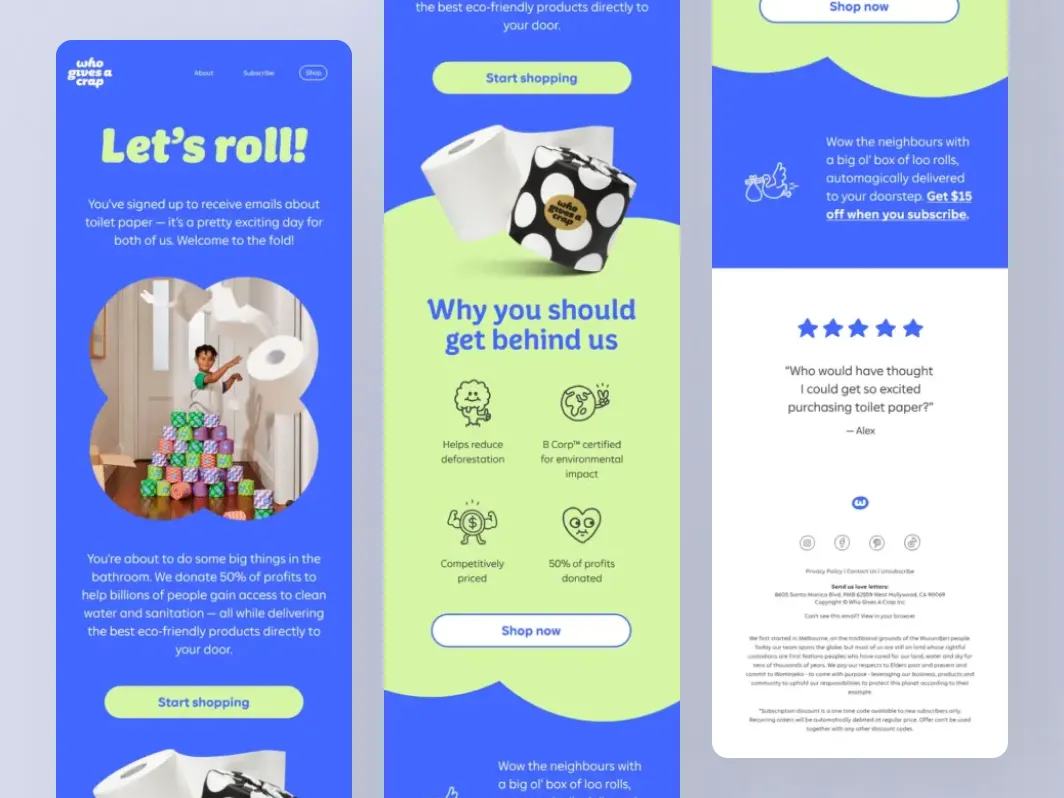 Best Klaviyo flows example showing a Shopify welcome email from Who Gives A Crap with brand introduction, product benefits, social proof, and shop now CTAs.
