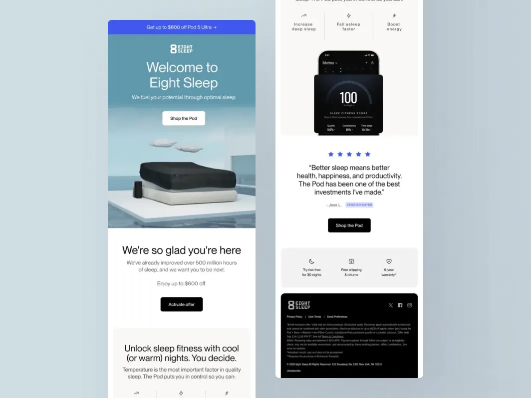 Best Klaviyo flows example showing a Shopify welcome email from Eight Sleep with a welcome offer, product benefits, customer review, and trust-building details.