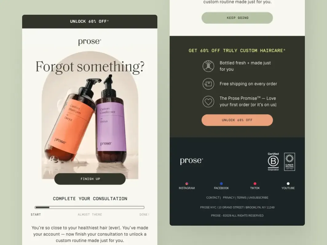 Klaviyo abandoned cart flow example from Prose with consultation reminder, discount offer, product benefits, and checkout CTA.