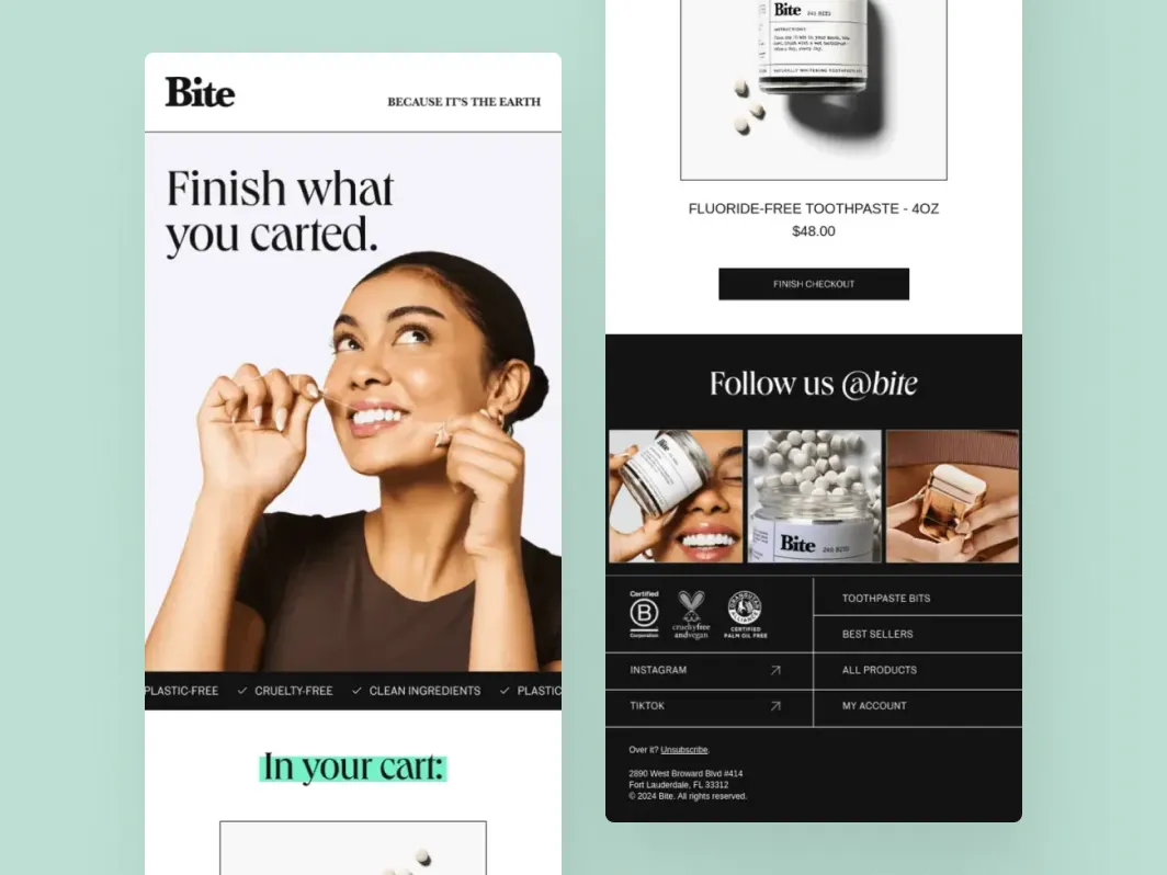 Klaviyo abandoned cart flow example from Bite with product reminder, checkout CTA, and brand trust signals.