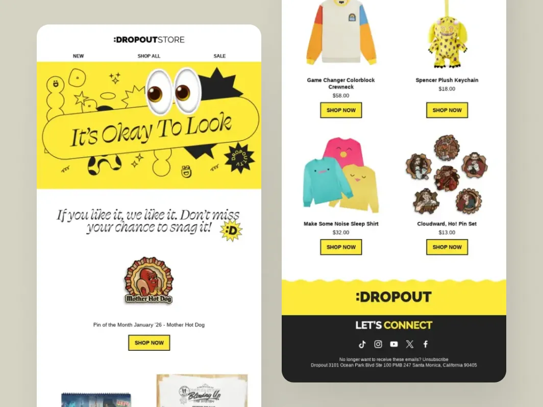 Klaviyo browse abandonment flow example from Dropout Store with viewed-product reminder, product recommendations, and shop now CTAs.