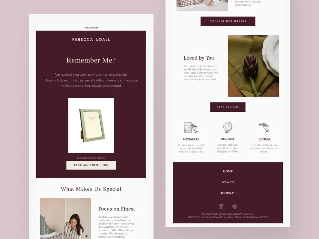 Klaviyo browse abandonment flow example from Rebecca Udall with product reminder, brand story, reviews, and return-to-product CTA.