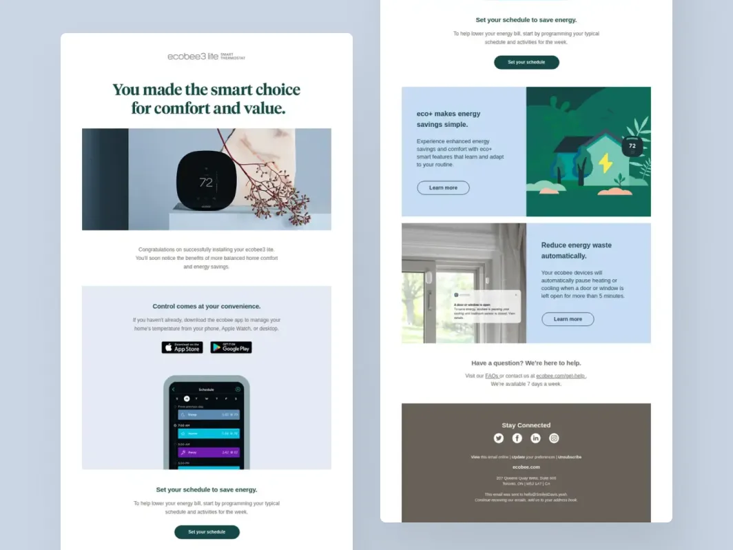 Klaviyo post-purchase flow example from ecobee with setup guidance, app download prompts, energy-saving tips, and support links.