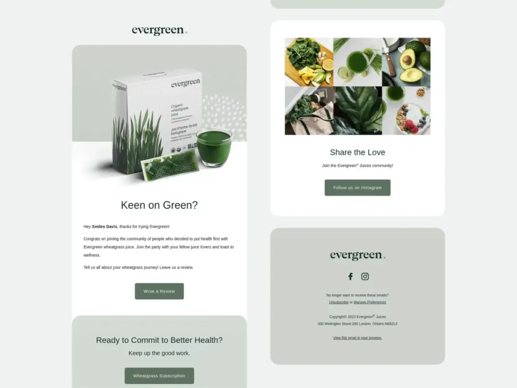 Klaviyo product review flow example from Evergreen with review request, product image, subscription CTA, and community engagement section.
