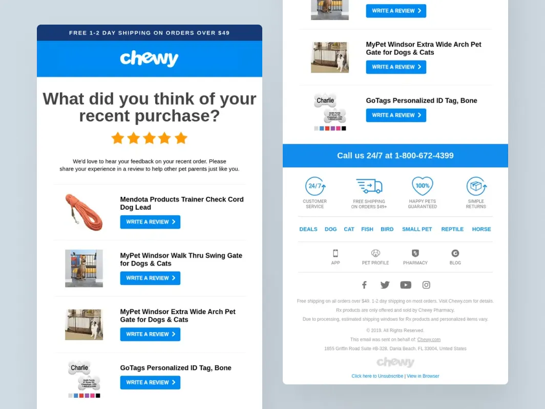 Klaviyo product review flow example from Chewy with recent purchase reminder, product-specific review CTAs, customer service details, and trust badges.