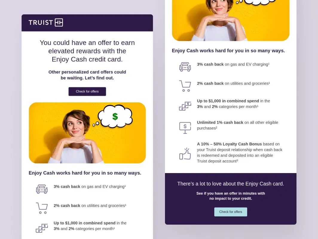 Klaviyo upsell flow example from Truist promoting a credit card offer with rewards benefits, eligibility CTA, and trust details.