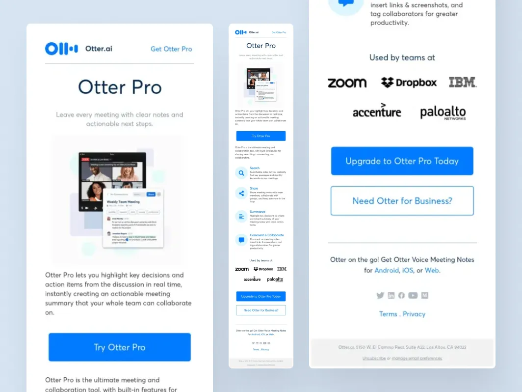 Klaviyo upsell flow example from Otter.ai promoting Otter Pro with feature benefits, team logos, and upgrade CTAs.