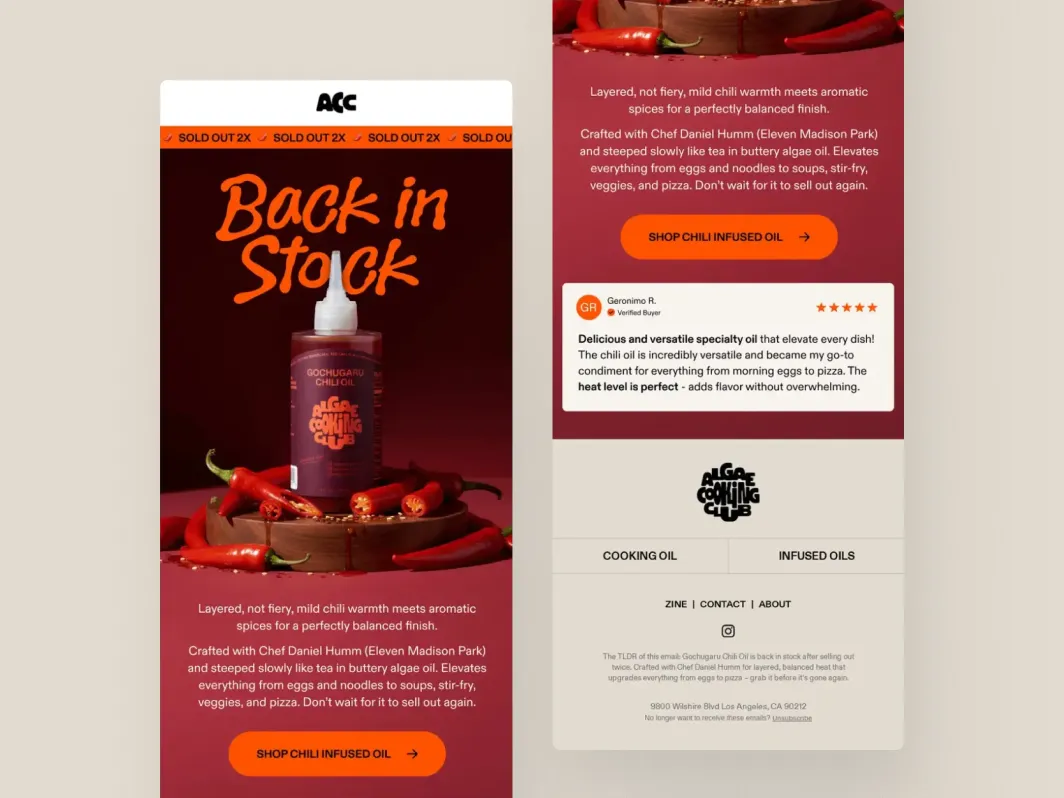 Klaviyo back-in-stock flow example from Algae Cooking Club with restock announcement, product details, customer review, and shop CTA.