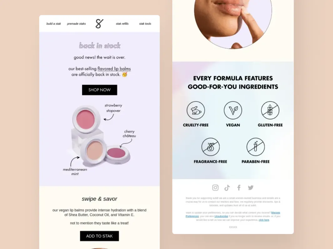 Klaviyo back-in-stock flow example from Subtl Beauty with restocked lip balms, product callouts, ingredient benefits, and shop CTAs.
