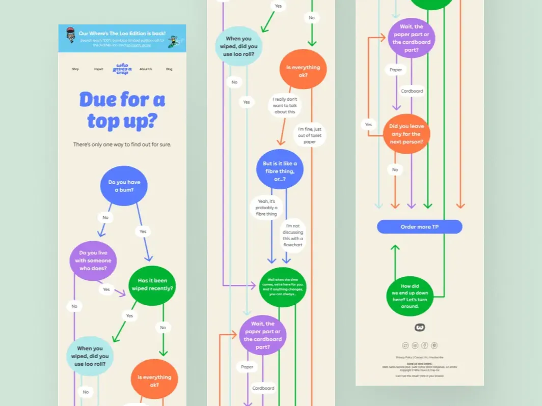 Klaviyo replenishment flow example from Who Gives A Crap using a playful toilet paper top-up reminder and reorder CTA.