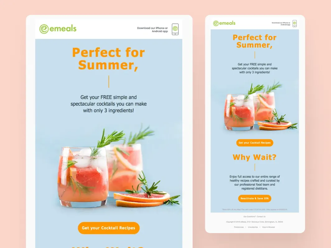 Klaviyo win-back flow example from eMeals with seasonal recipe offer, reactivation discount, and app-focused CTA.