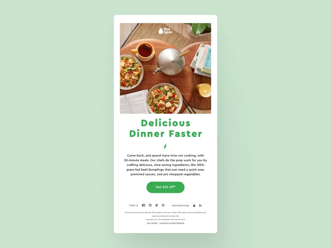Klaviyo win-back flow example from Blue Apron with meal reactivation offer, discount CTA, and time-saving value proposition.