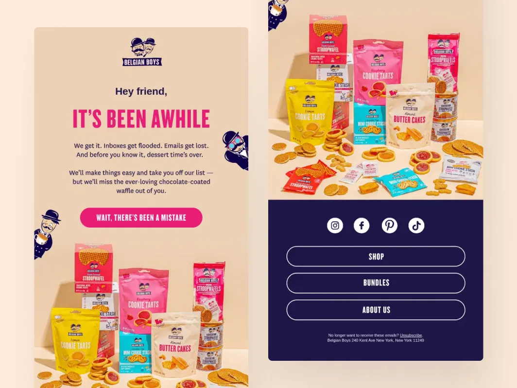 Klaviyo sunset flow example from Belgian Boys with playful re-engagement copy, product imagery, and stay-subscribed CTA.