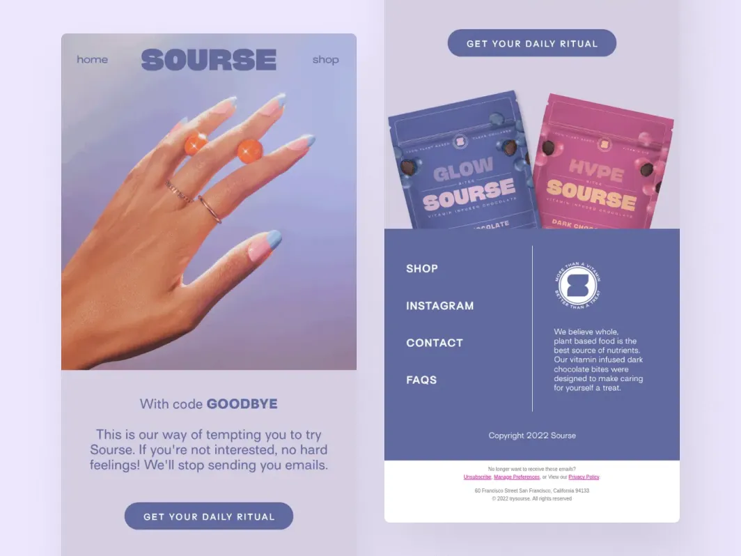 Klaviyo sunset flow example from Sourse with last-chance discount, unsubscribe-friendly messaging, and product CTA.