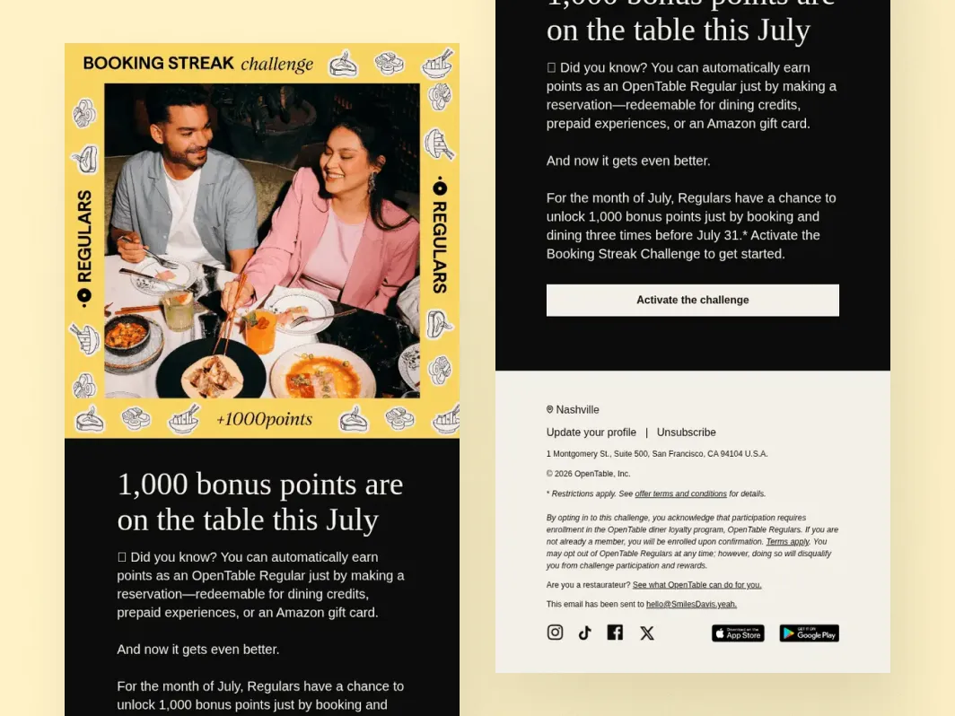 Klaviyo loyalty flow example from OpenTable with bonus points challenge, rewards messaging, and activation CTA.