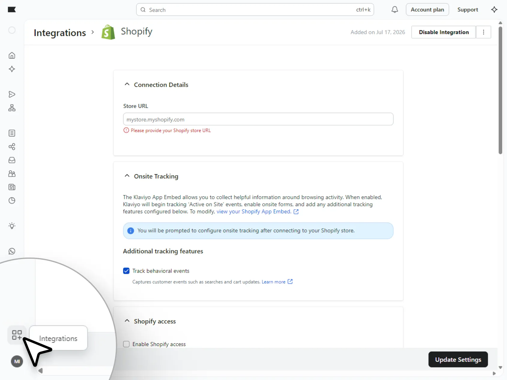 Klaviyo Shopify integration settings showing store URL, onsite tracking, and Shopify access options