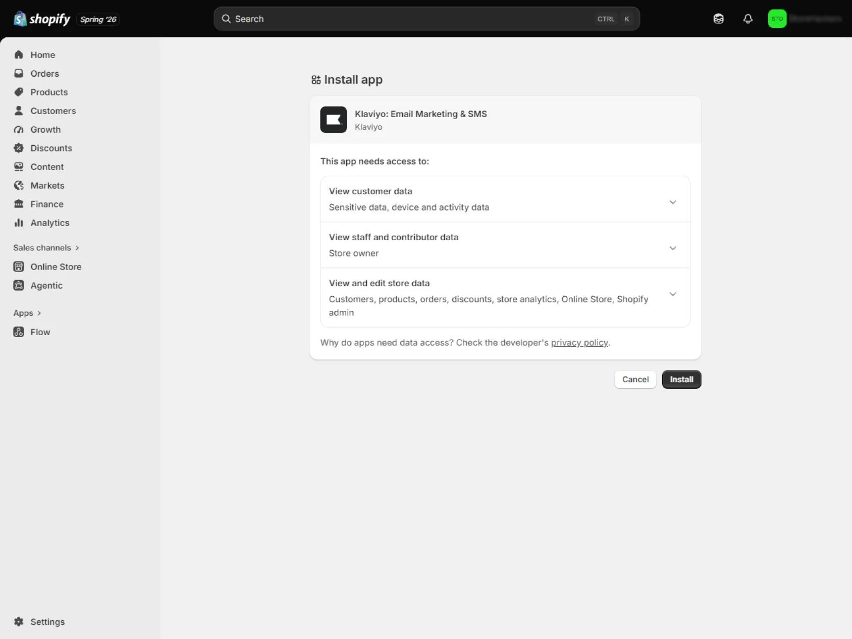 Shopify app installation screen showing the permissions required to connect Klaviyo