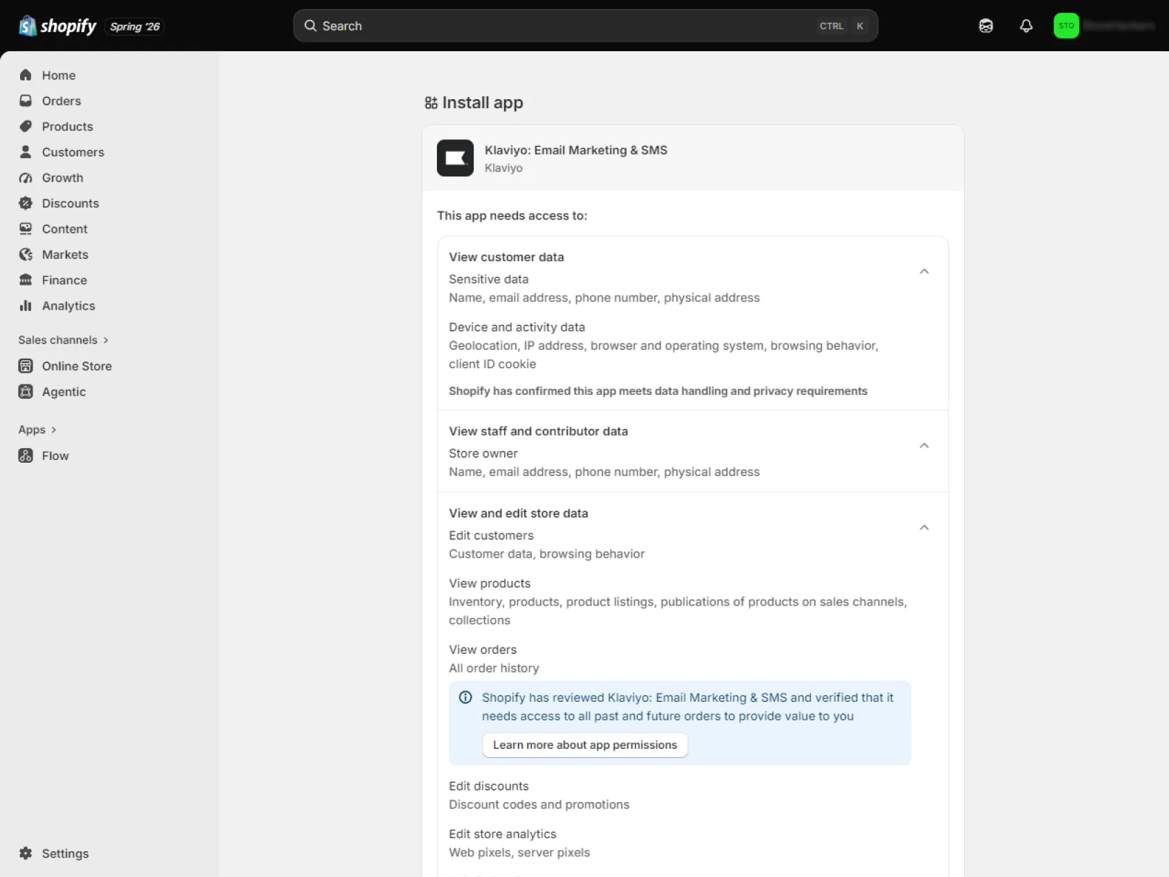 Shopify app permissions for Klaviyo showing access to customer, product, order, and store data