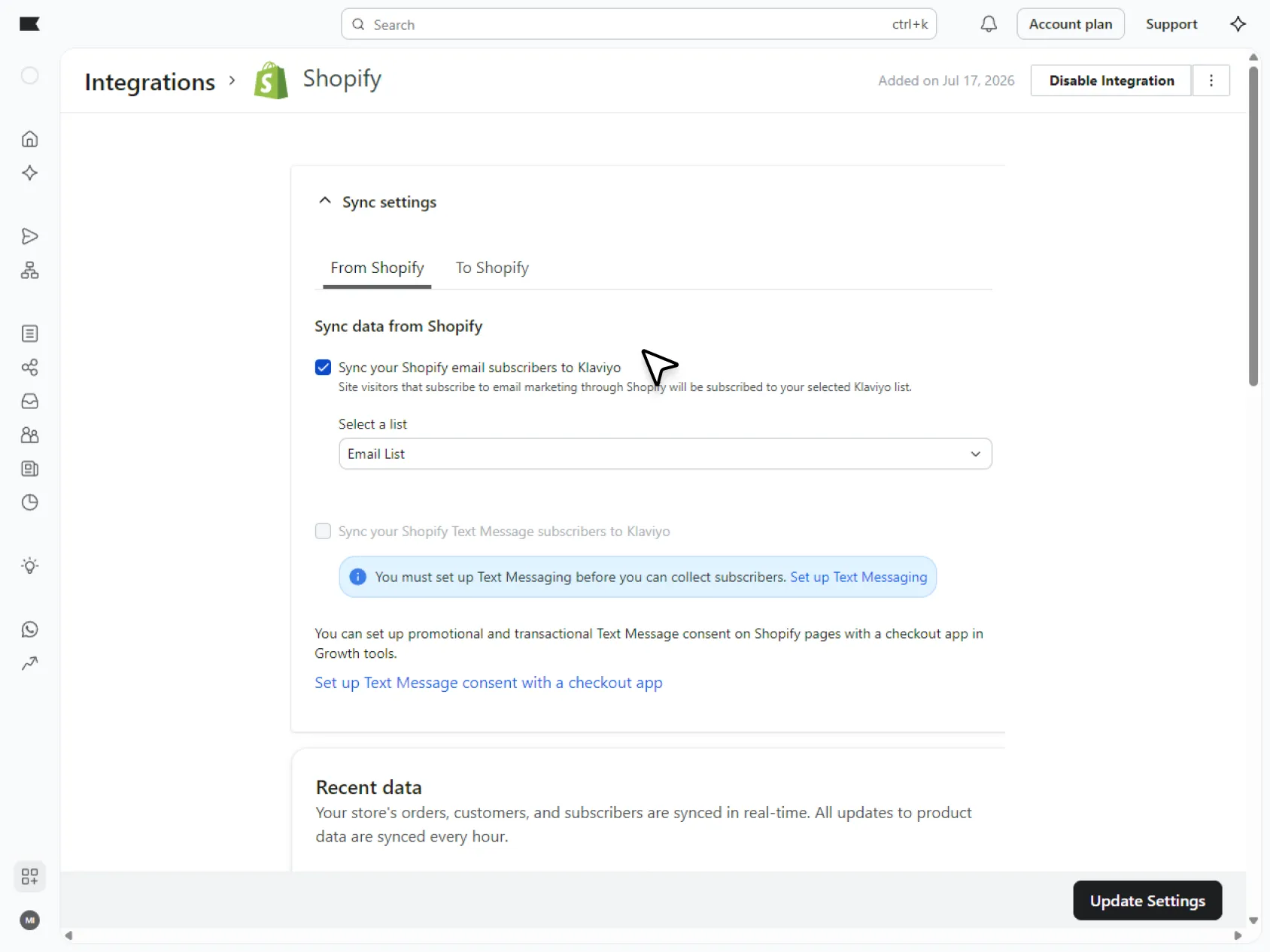 Klaviyo Shopify sync settings showing email subscriber sync and Klaviyo list selection