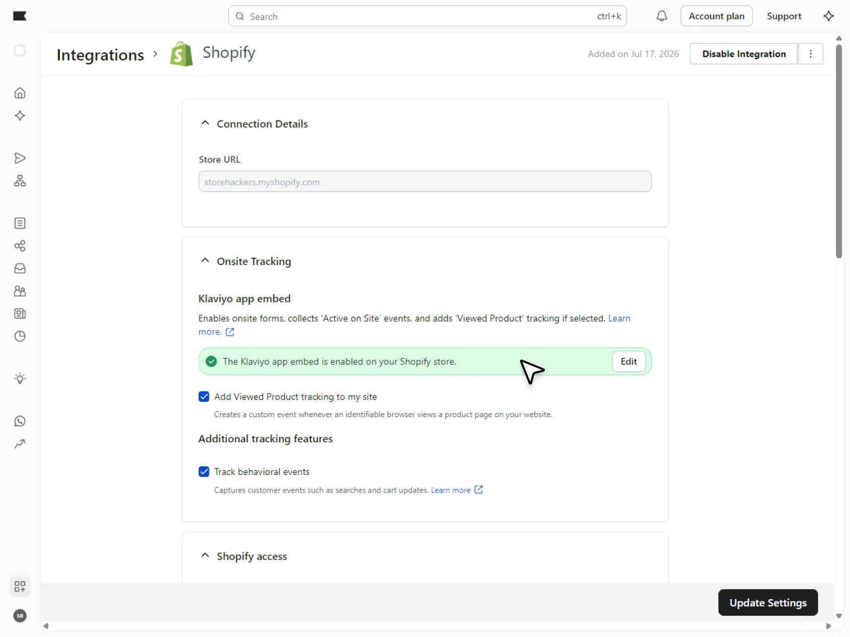 Klaviyo Shopify integration settings with app embed, Viewed Product tracking, and behavioral event tracking enabled