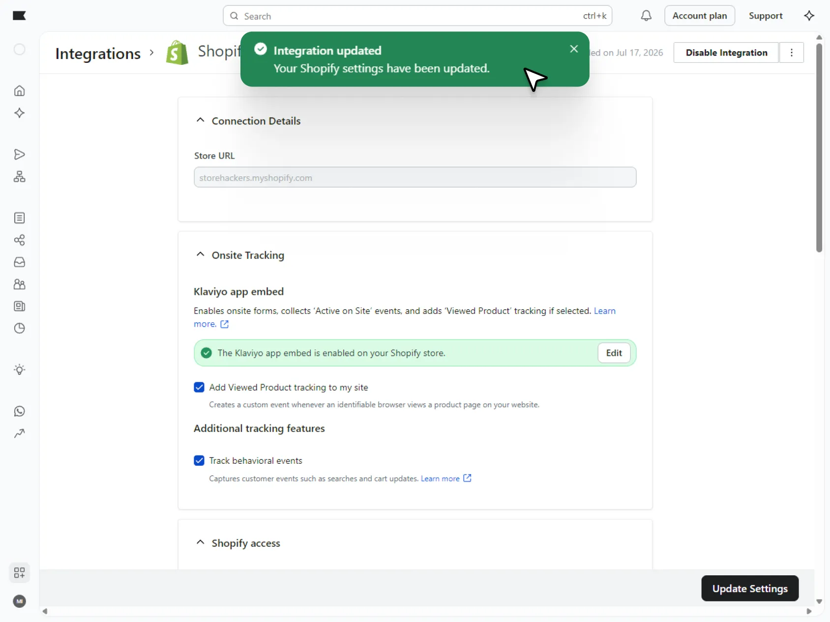 Klaviyo Shopify integration confirmation showing updated settings and enabled onsite tracking