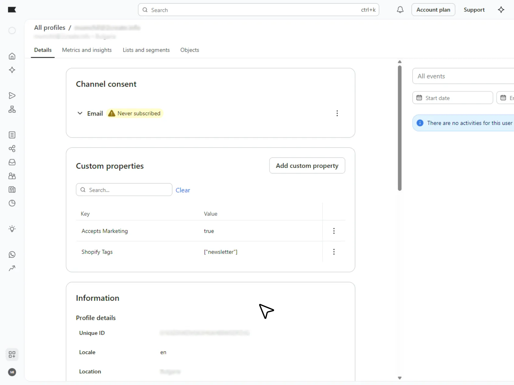 Klaviyo customer profile showing Shopify marketing consent and synced Shopify tags