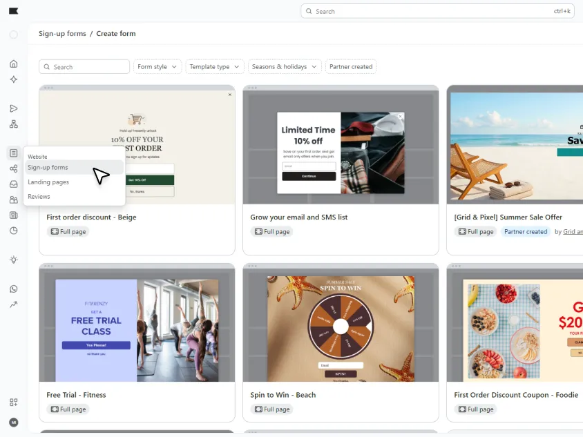 Klaviyo Sign-up forms dashboard with form templates and signup form options