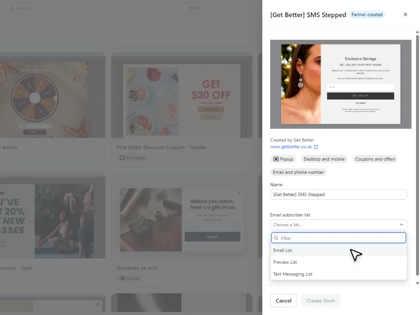 Klaviyo signup form setup showing the email subscriber list dropdown for new signups