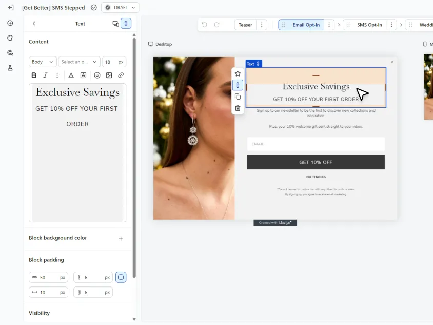 Klaviyo signup form editor showing customization of form text, design, and fields