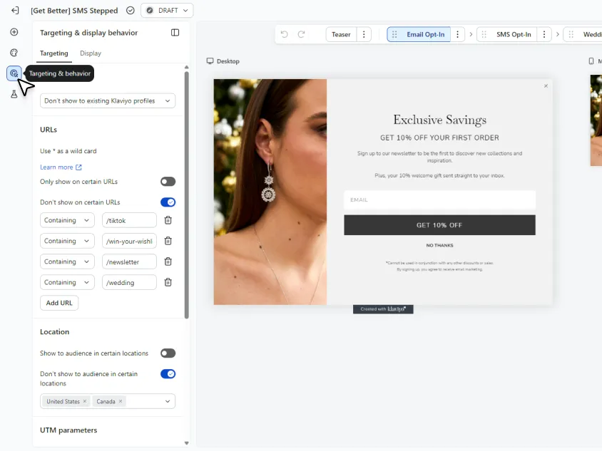 Klaviyo signup form targeting and display settings for URLs, locations, and visitor rules