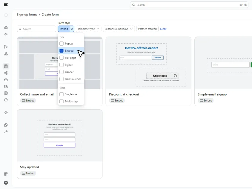 Klaviyo form template library filtered to show embedded signup forms