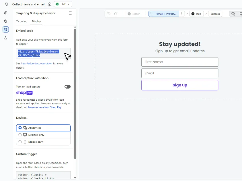 Klaviyo embedded signup form settings showing the embed code used to add the form to Shopify