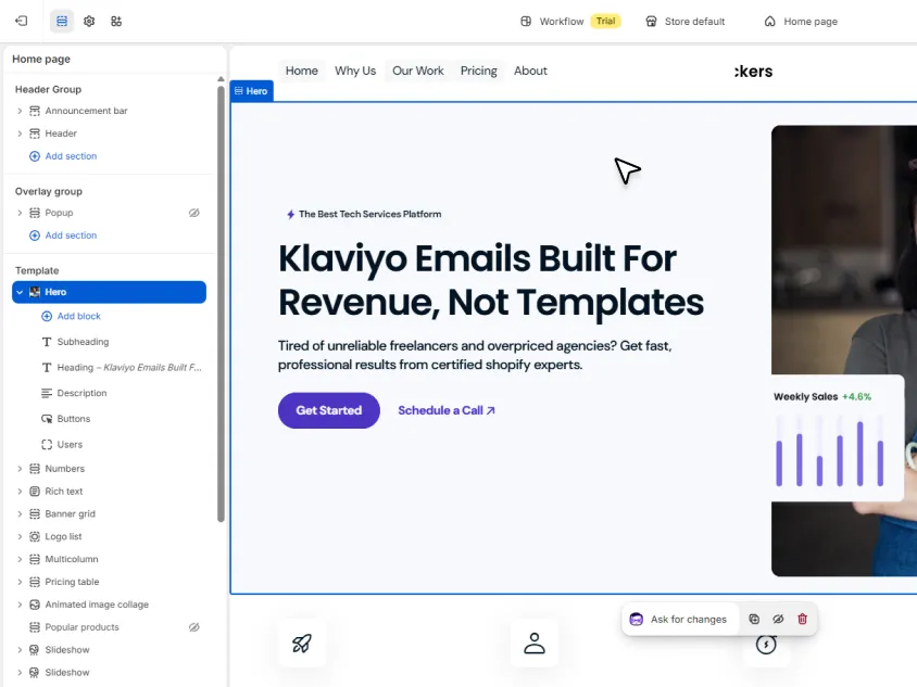Shopify theme editor showing the page layout and section controls for adding a Klaviyo form
