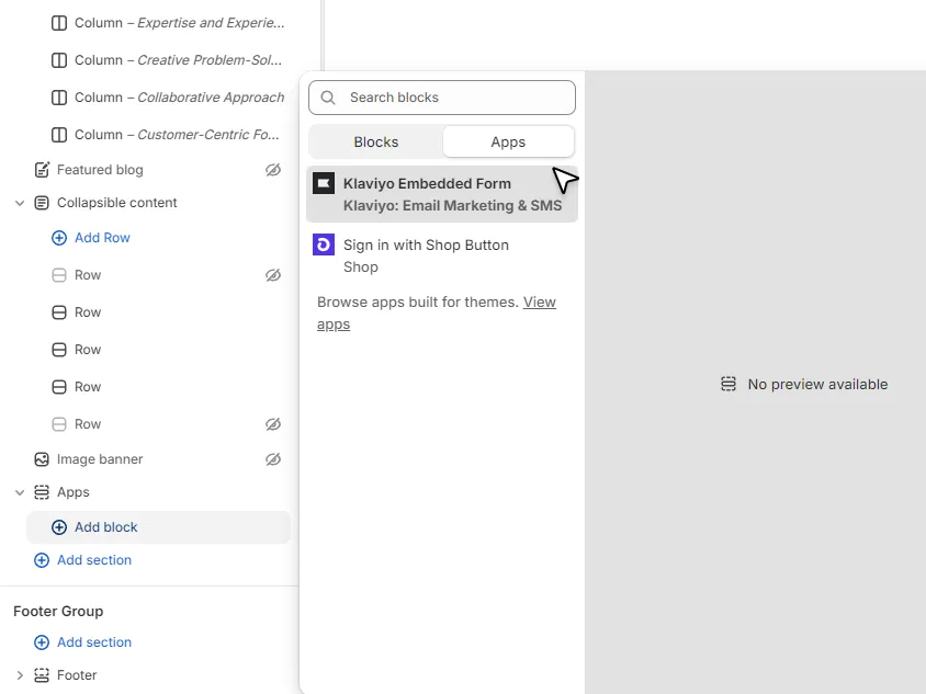 Shopify theme editor with the Klaviyo Embedded Form app block selected for adding a form