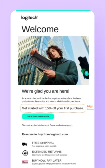 Logitech welcome email example with a first-purchase discount placed high in the email, product image, CTA, and purchase reassurance points.