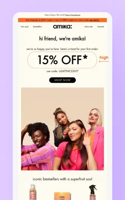 amika welcome email example with a 15 percent first-order discount placed high in the email, promo code, product imagery, and shop now CTA.