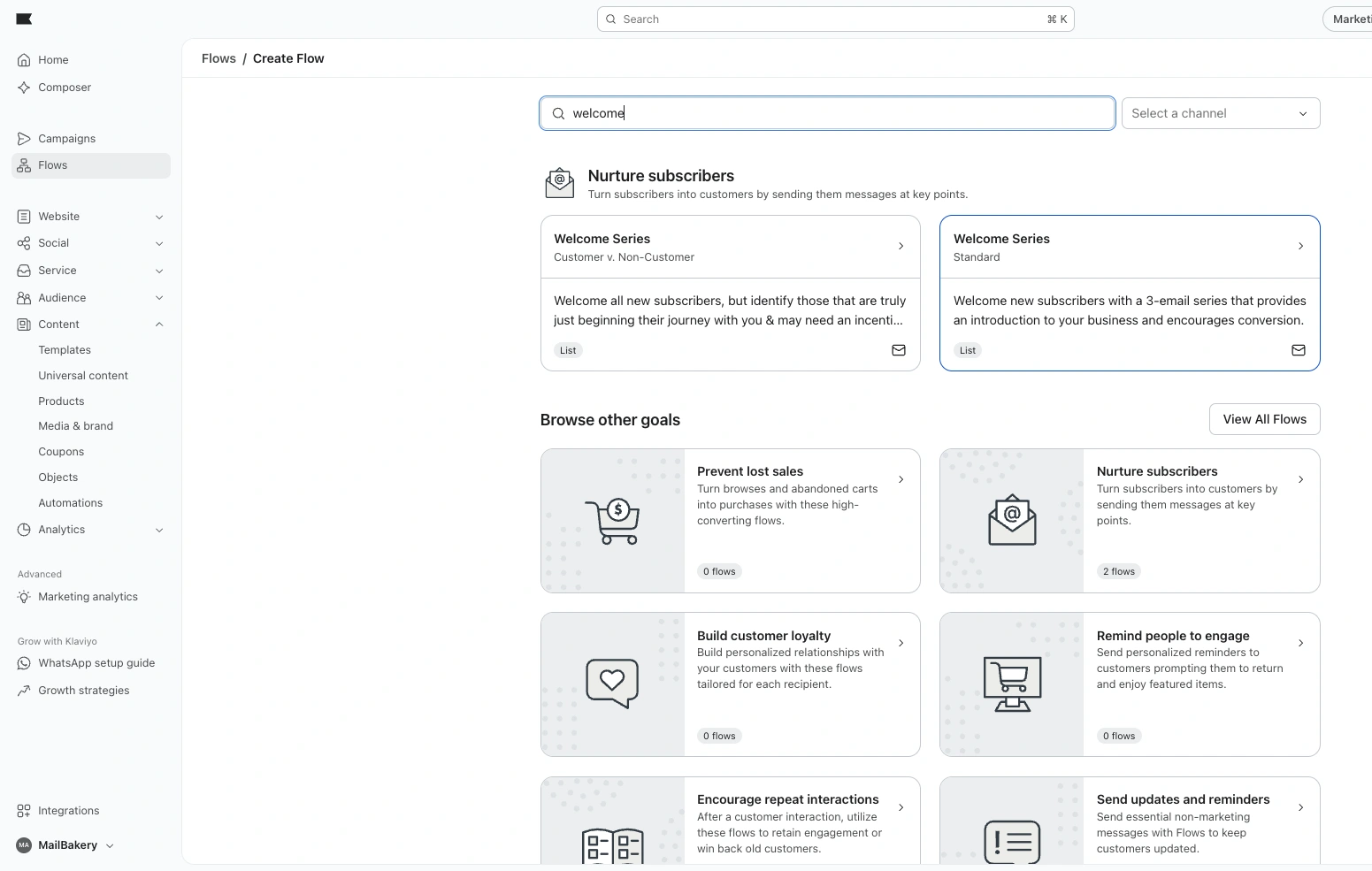 Klaviyo Flow Library screen showing Welcome Series templates for a Shopify welcome flow setup.